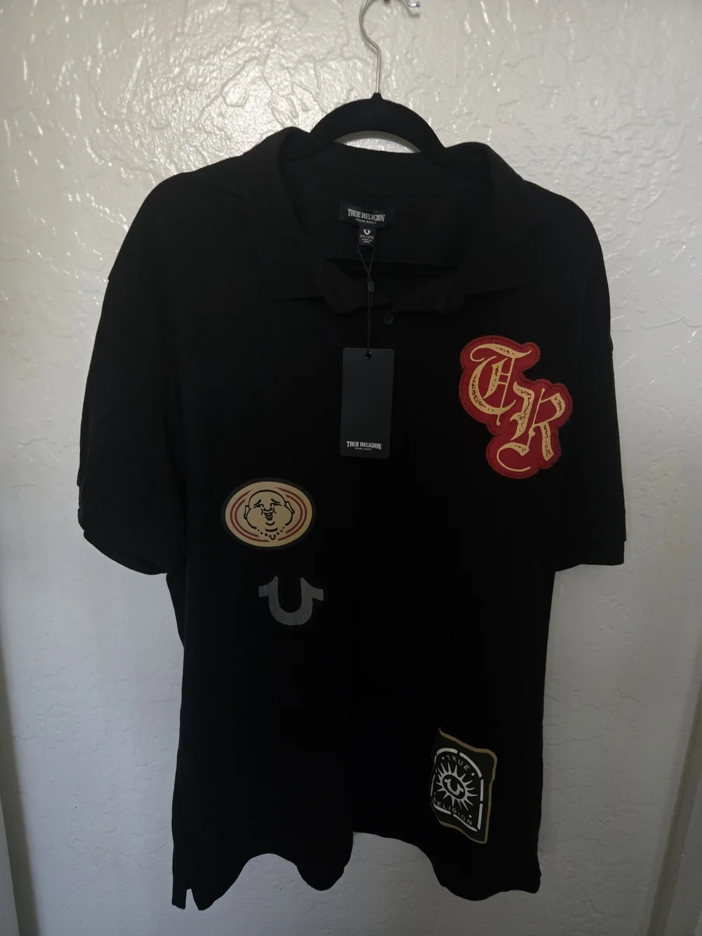 True Religion Black Polo with Red & Gold Embroidered Patches